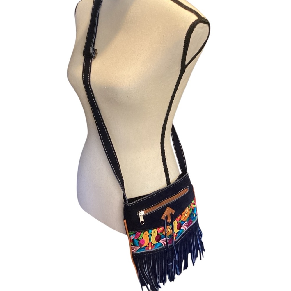 Black Suede Fringe Crossbody with Colorful Embroidered Birds